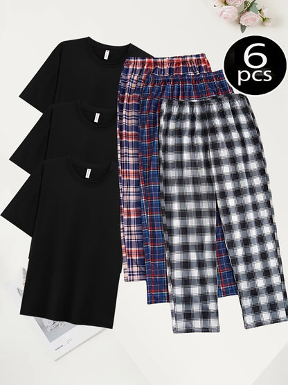 6pcs Men'S Loungewear Set 6pcs Soft And Comfortable Short Sleeve Plaid Trousers Multi Piece Loungewear Set 3 Sets Of Pajamas Short Sleeve Plaid Trousers Combo Set Elasticated Waist Can Be Worn Outside