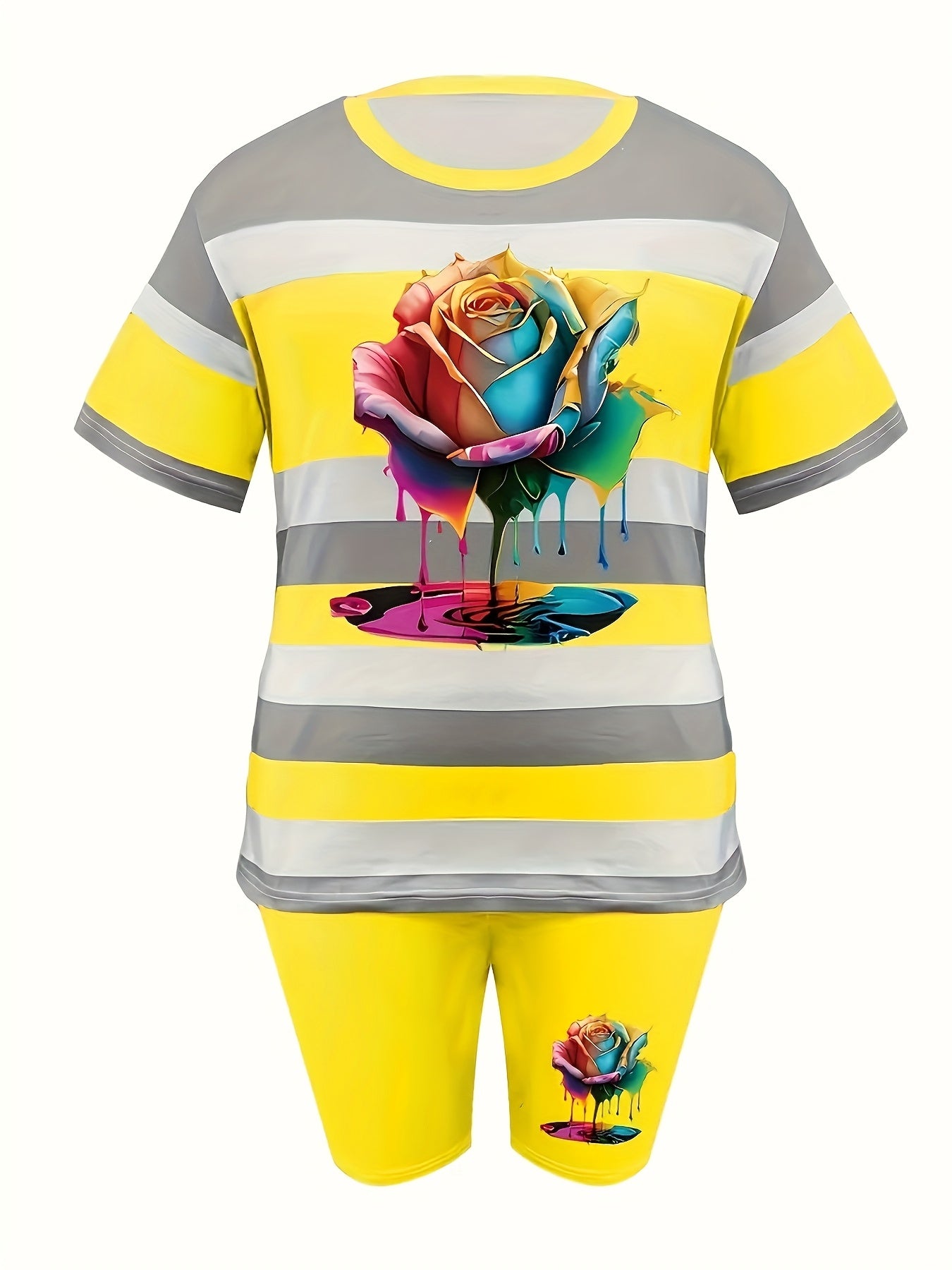 Women'S Casual Striped Short-sleeve Shorts Set, Featuring A Mix Of Floral And Striped Prints, With Pockets On The Shorts.