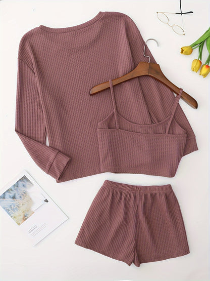 Solid Waffle Lounge Set, Casual Long Sleeve Crew Neck Top & Cami Top & Elastic Waistband Shorts - Women's Loungewear & Sleepwear - Soft & Cozy Fabric - Perfect for Relaxing at Home - Ideal Gift for Women