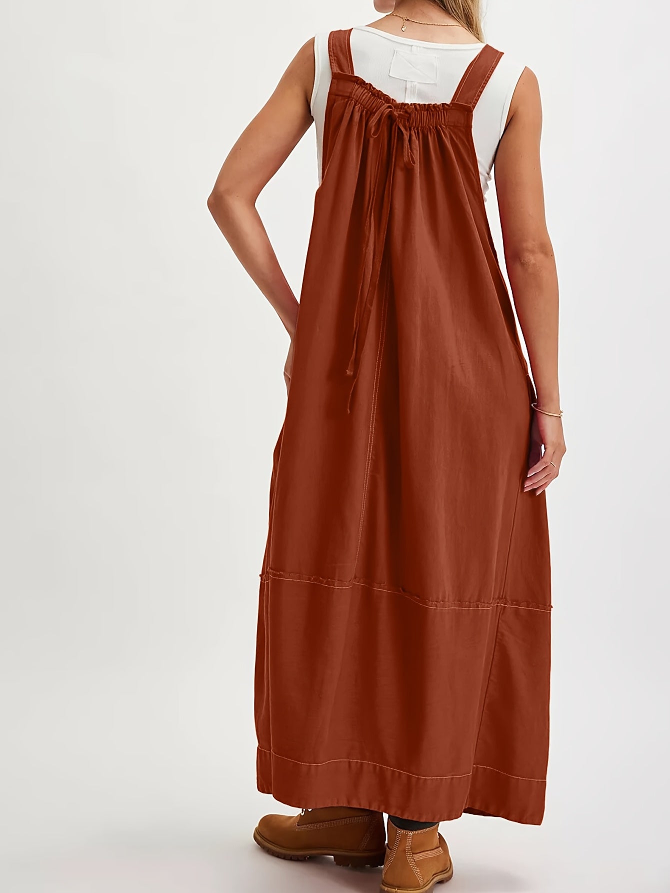 [Loose Midi Dress] Women's Loose Adjustable Strap Midi Overall Dress with Big Pockets in Workwear Style