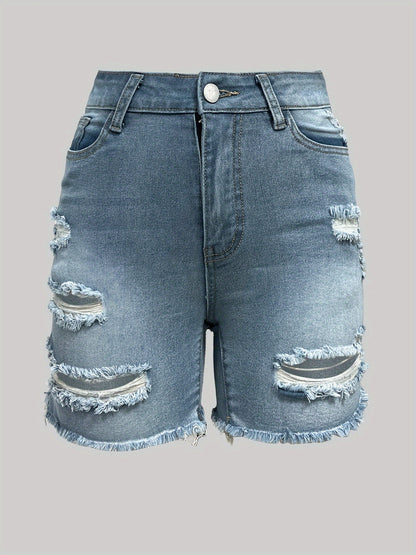 Women'S Fashion Forward Ripped Denim Shorts-Classical Washed Blue, Unprocessed Edge, Super Comfortable Style-Fashion Casual Jeans and Summer Clothing