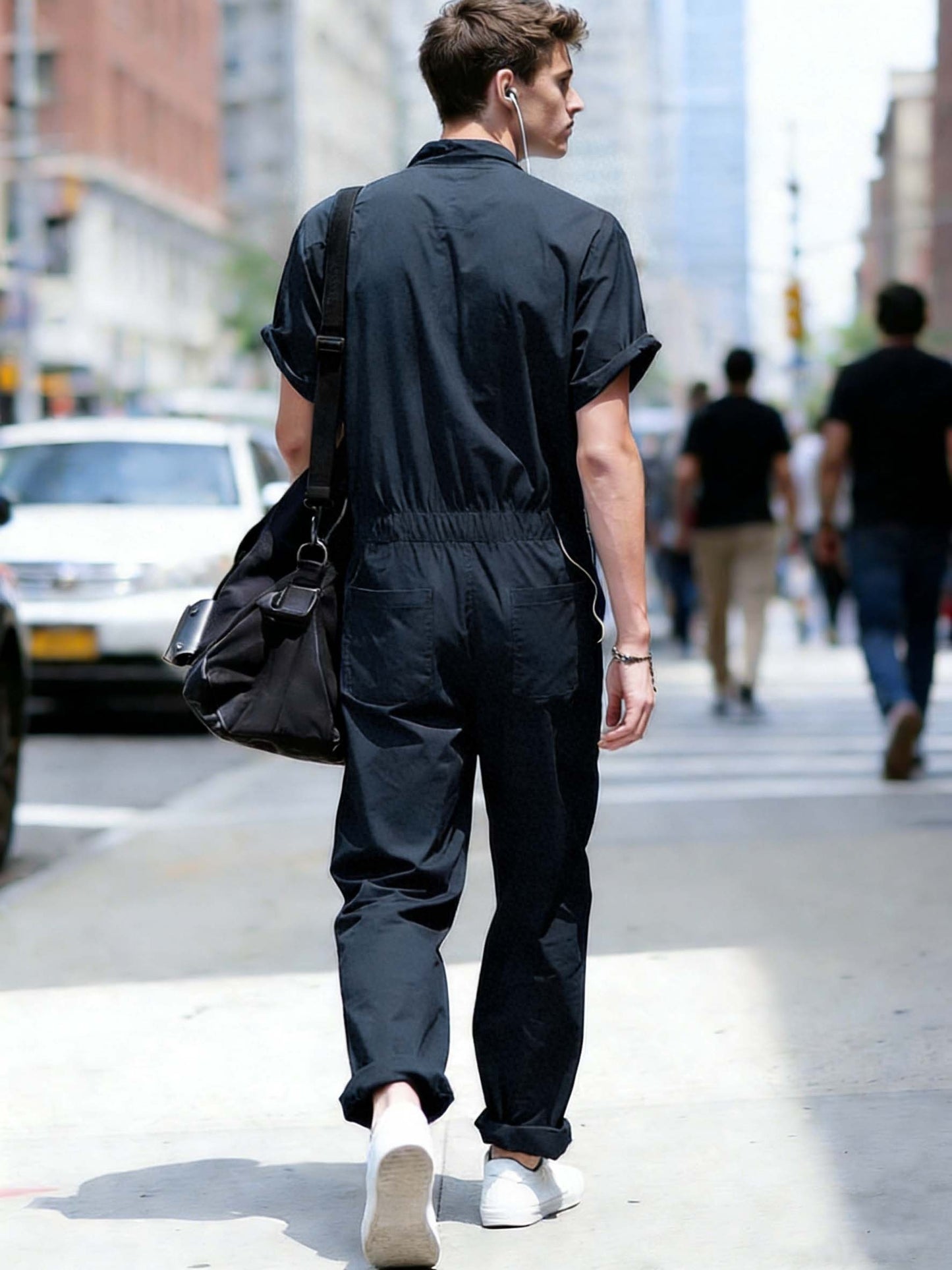 Men's Plus Size Short Sleeve Coverall Jumpsuit, Four-Way Stretch Fabric, Rolled Short Sleeves, Stand-Up Collar Half-Open Placket, Multi-Pocket Design, Industrial/Utility Style Casual Workwear, Effortlessly Shaping a Men's Casual and Trendy Look