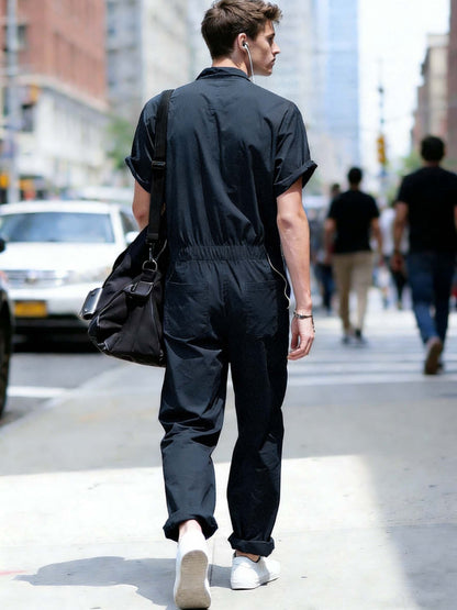 Men's Plus Size Short Sleeve Coverall Jumpsuit, Four-Way Stretch Fabric, Rolled Short Sleeves, Stand-Up Collar Half-Open Placket, Multi-Pocket Design, Industrial/Utility Style Casual Workwear, Effortlessly Shaping a Men's Casual and Trendy Look