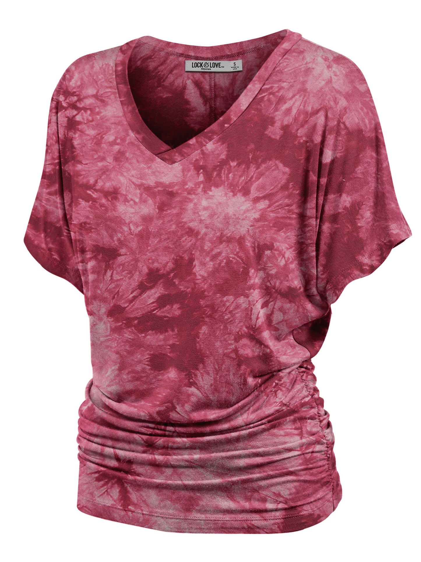 Women's Short Sleeve V Neck Tie-Dye Dolman Top w/Side Shirring