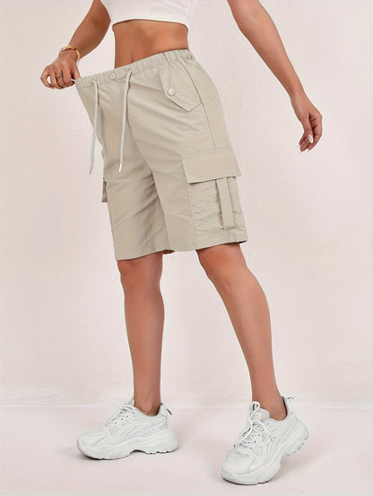 2pcs Women's American Workwear Cargo Shorts - Lightweight Straight-Leg with Multiple Pockets, Adjustable Drawstring Waist, Machine Washable Casual Mid-Thigh Length for Spring Summer Fall, Everyday Comfort, Functional Design, Durable Fabric