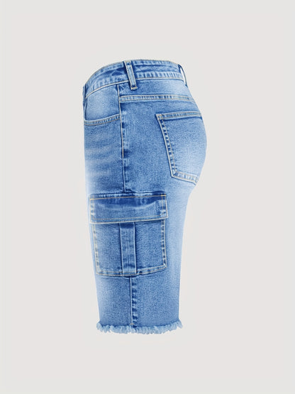 Solid Color Washed Raw Hem Flip Side Pocket Denim Cropped Pants Retro Fashion Niche Slim Joker Style Women'S Denim Shorts.