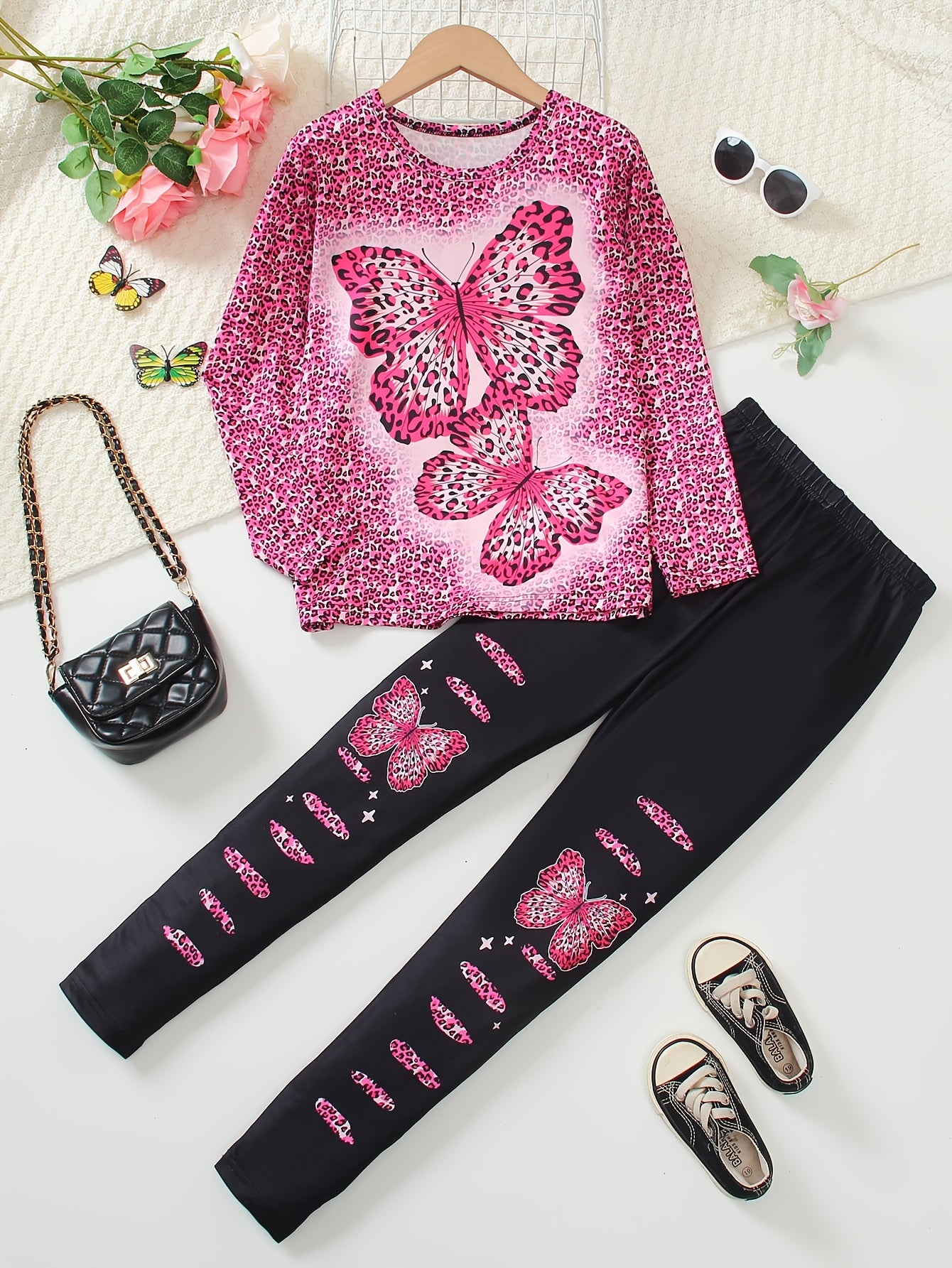Girls' 2pcs Set Long Sleeve Top and Jeggings with Butterfly & Leopard Print, Crew Neck Pullover, Regular Fit Knit Polyester 95% with 5% Elastane, Long Length, for Spring/Fall Casual Wear, for Outdoor, Perfect for Outdoor