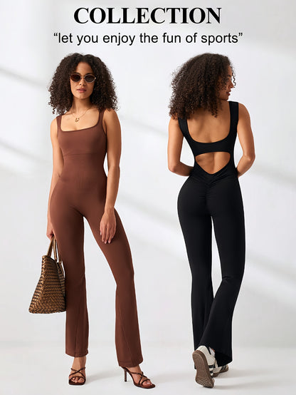 2pcs Women Flare Jumpsuit, Square Neck Hollow Out Backless Sexy Hip Folds, for And Daily Wear Women'S First Choice for Christmas And Thanksgiving Gifts