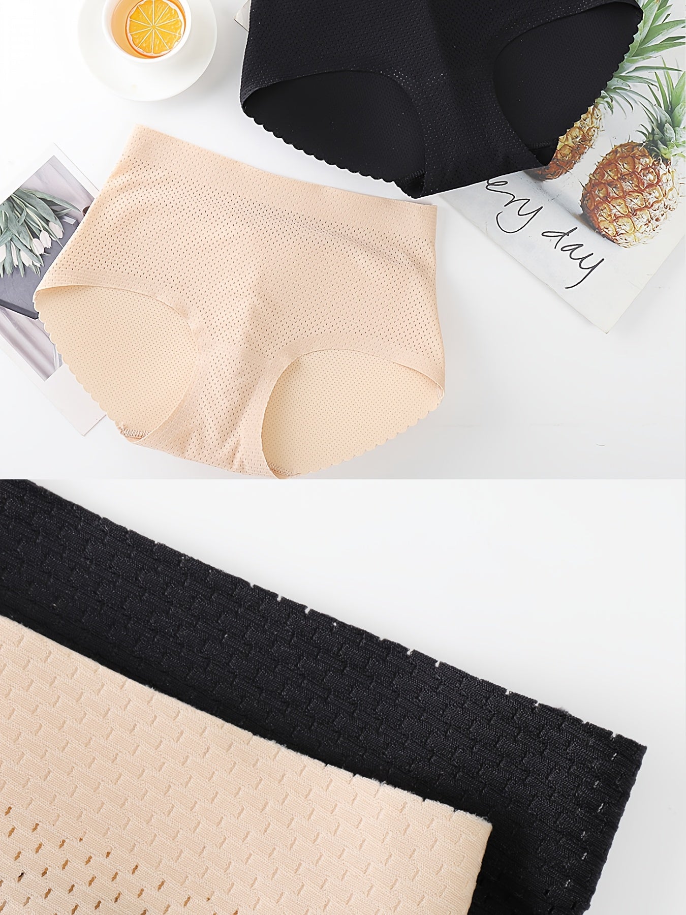 2pcs Solid Fake Butt Padded Seamless Shaping Panties with Scallop Trim, Comfy & Breathable Butt Lifting Panties, Women's Underwear & Shapewear