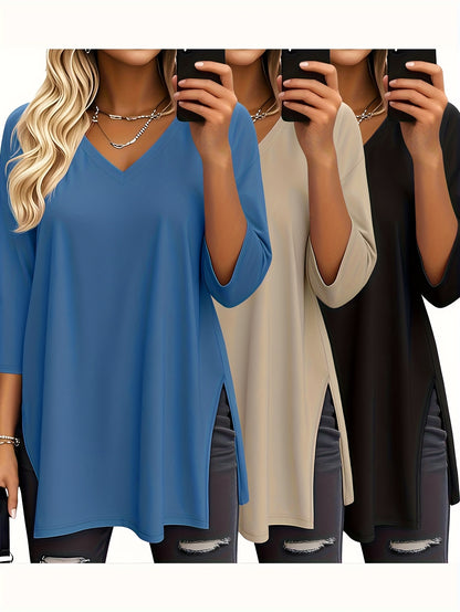 Three-piece Women's Fashion Large 3/4 Sleeve Top, V-neck y Casual Side-slit Shirt, Loose Basic Seven-quarter Sleeve T-shirt