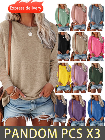 3pcs Women's Autumn/Winter Basic Warm Comfortable Split Plain Long Sleeve Chest Pocket T-Shirt Casual Comfortable Top Fashion T-Shirt