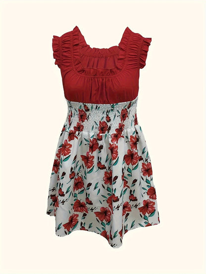 Attractive Honey-Themed Fashion, Charming Floral Mini Dress for Women, Featuring a Round Neckline And No Cuffs, Perfect for Summer Outings, Beach Days, Garden Dates, Anniversary Surprises, And As a Delightful Gift