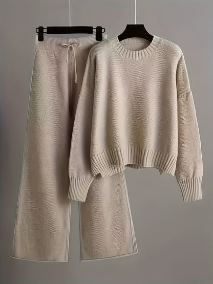 Ladies' Autumn And Winter New Sweater Fashion Two-piece Set: Unique Pattern Round Neck Drop Shoulder Long Sleeve Pullover + Straight Wide Leg Pants Combination, Loose And Casual Series