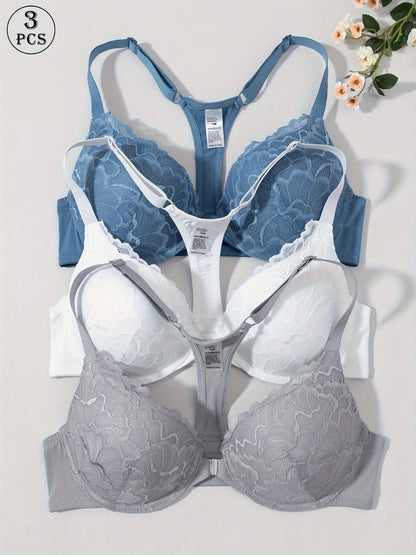 Women’s 3-Pack Front Closure Bra - Lace Detail Comfort - Style 1061