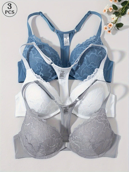 Women’s 3-Pack Front Closure Bra - Lace Detail Comfort - Style 1061