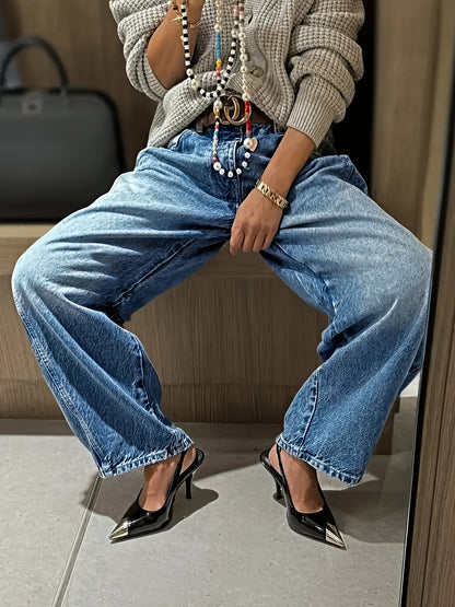 [Retro Wide-Leg Jeans] Ladies' Retro Wide-Leg Jeans, Heavy-Duty Washed Jeans, Jeans With A Gradient Design From Light Blue To Dark Blue