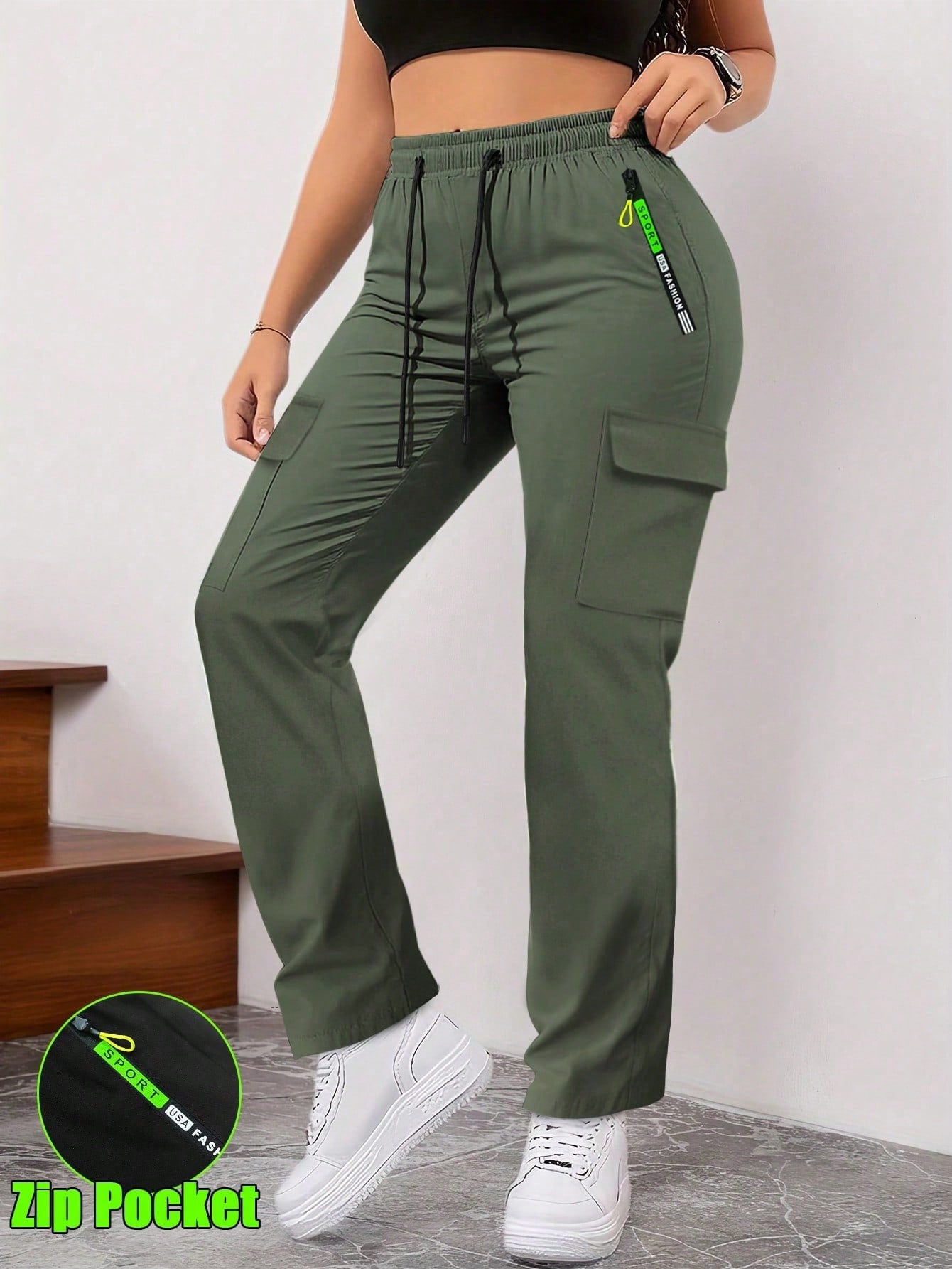 Women'S Spring/Autumn Zipper Pocket Cargo Pants, Fashionable Large Pocket Design, Drawstring Elastic Waist, Casual Outdoor/Daily Wear Slim Fit Trousers