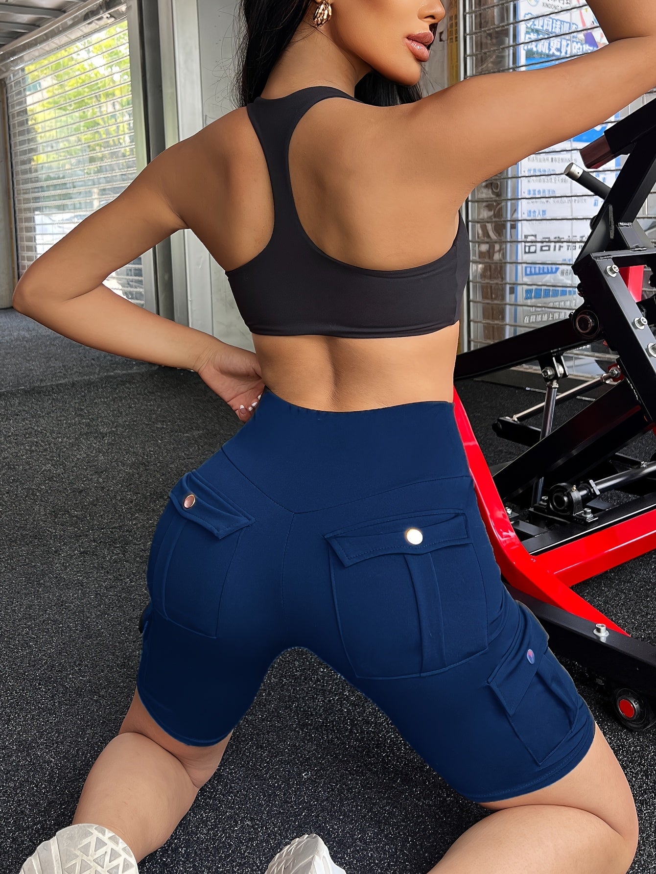 High Waist Women's Solid Color Sports Yoga Tooling Shorts with Pocket Design