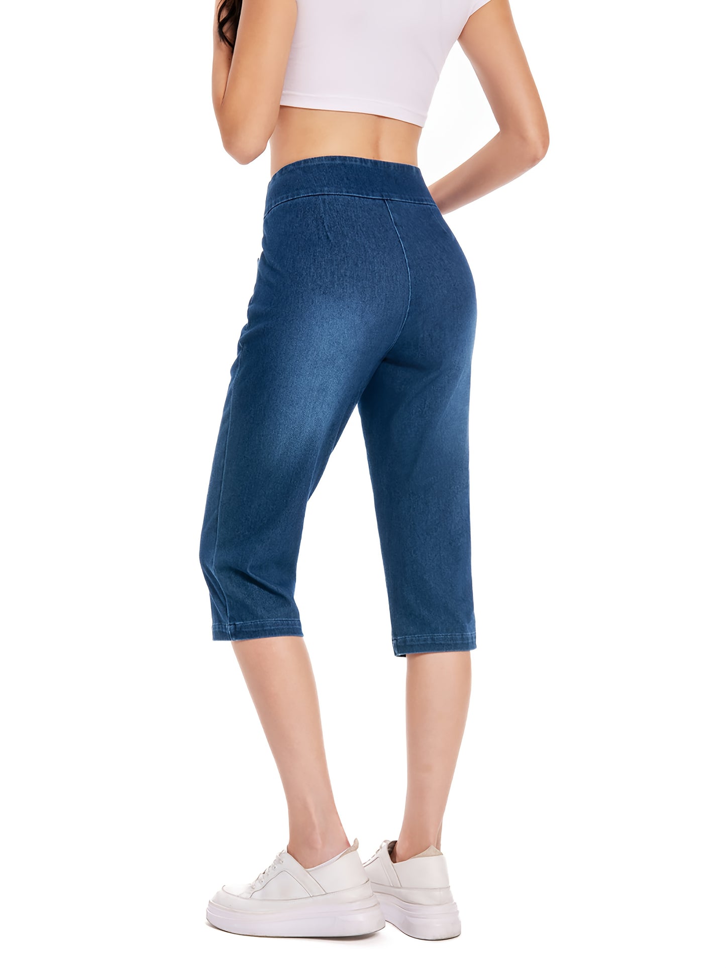 Lady Pull on Denim Capri with Pocket And Rivet Super Soft And Stretch