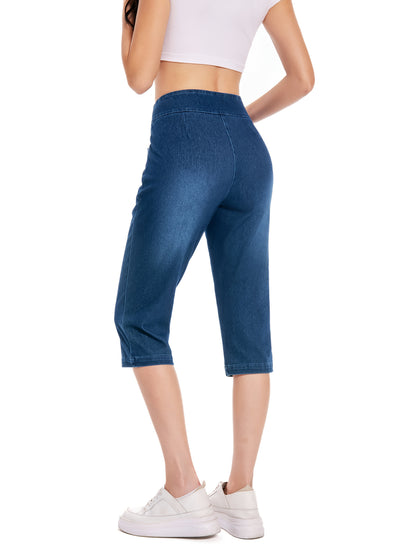 Lady Pull on Denim Capri with Pocket And Rivet Super Soft And Stretch