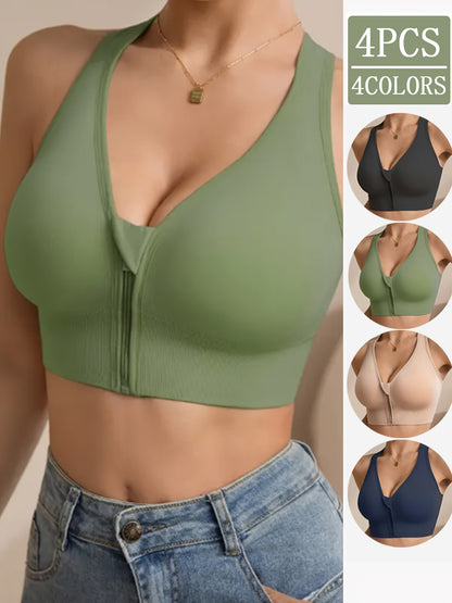 Set of 4 Women'S Wireless Bras Featuring Removable Padding, Front Zipper, X-Shaped Back, And No Underwire. Available in Solid Black, Suitable for Sports, Daily Use, And Versatile Occasions
