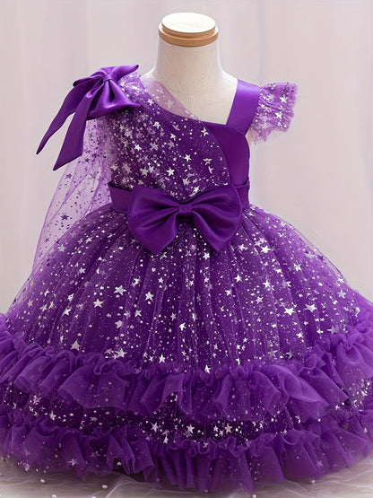 Halloween Dresses for Girls, Kids Halloween Costumes Galaxy Print Tutu Dress Off-Shoulder Flutter Sleeves A-Line Party Princess Gown