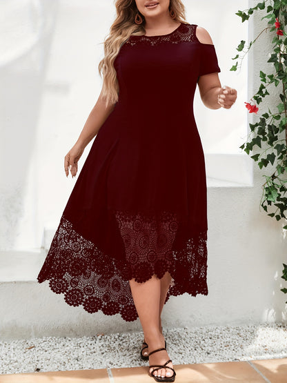 Women'S Plus Size Ruffle Dress for Spring and Summer, Color Block Lace Cold Shoulder Design with Medium Stretch and Asymmetrical Hem