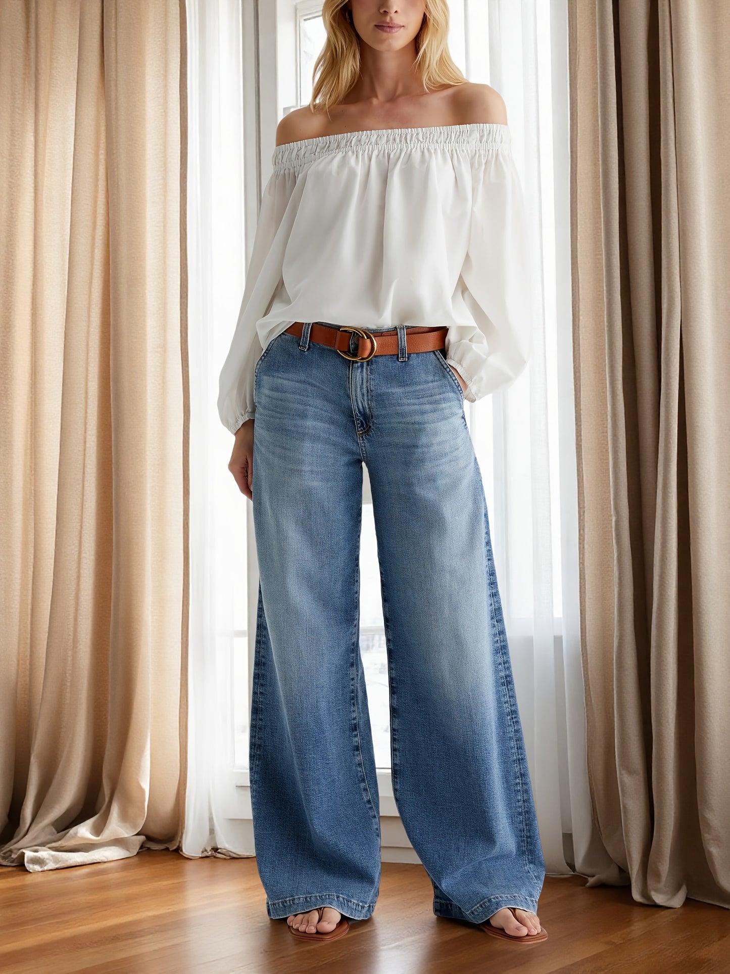 [Ladies Retro Denim Pants] Spring And Autumn New Ladies Retro Washed Wide-Leg Pants Elastic Joker Straight Loose Casual Denim Pants