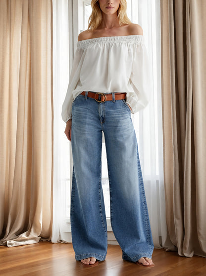 [Ladies Retro Denim Pants] Spring And Autumn New Ladies Retro Washed Wide-Leg Pants Elastic Joker Straight Loose Casual Denim Pants