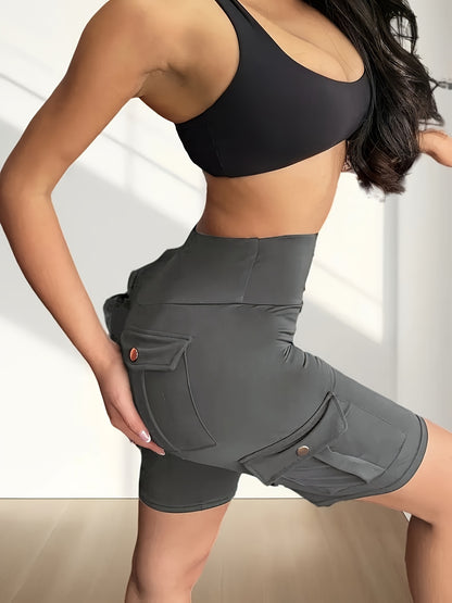 High Waist Women's Solid Color Sports Yoga Tooling Shorts with Pocket Design