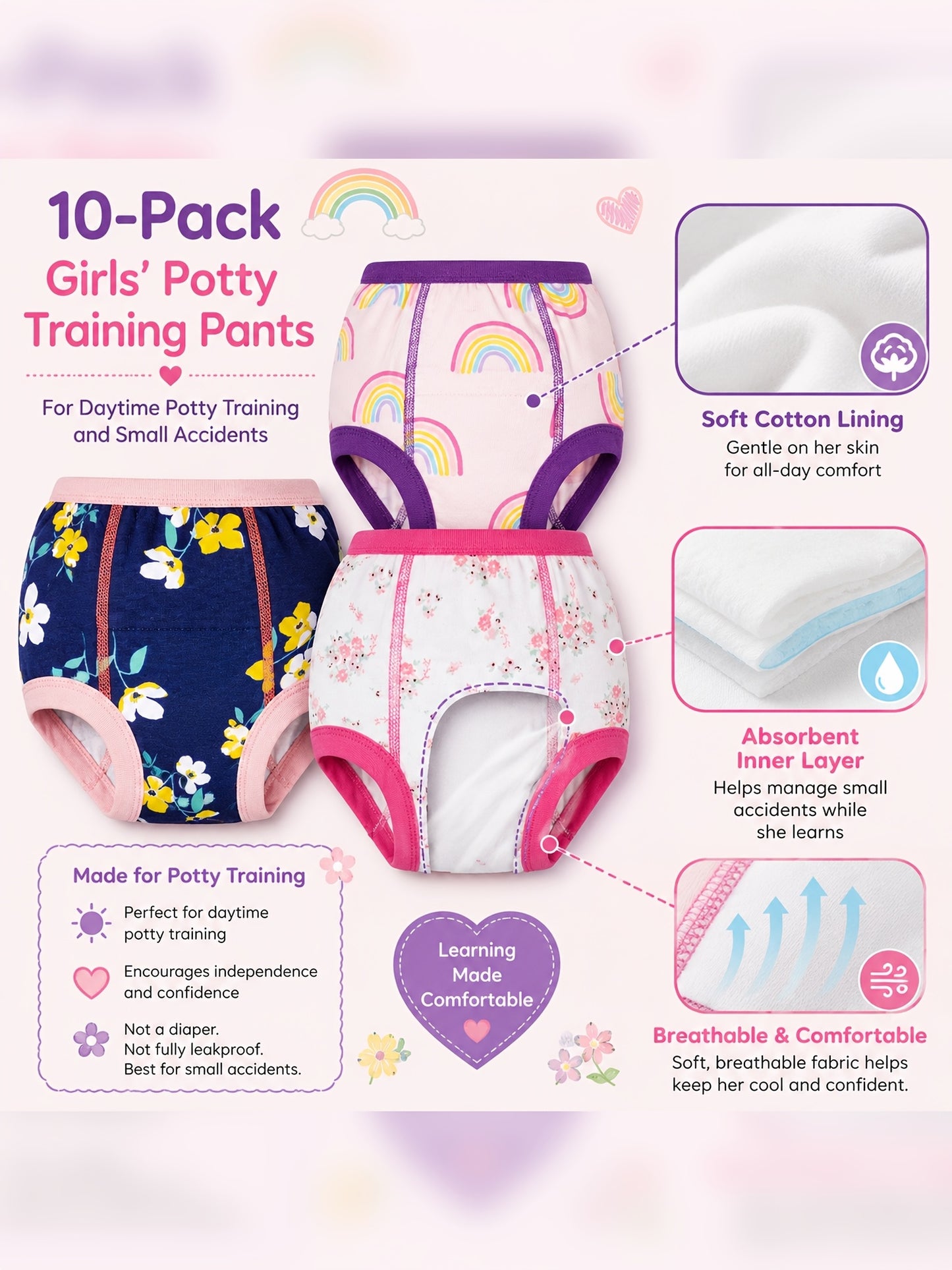 Potty Training Underwear - 10pcs, 100% Absorbent Pee Pants for Girls