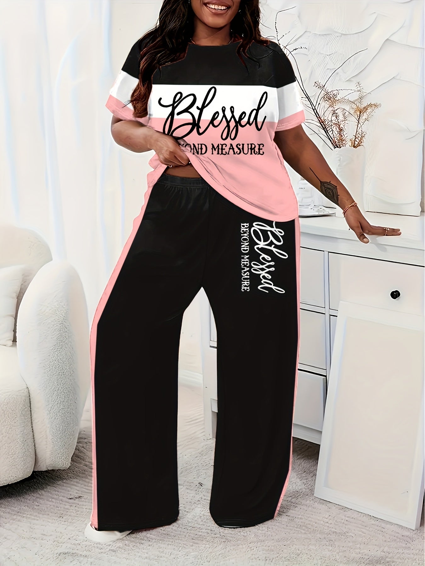 Plus Size, Ladies' Casual Short-sleeved Trousers Suit, Striped Print Letter Blessing, Loose Trousers with Pockets