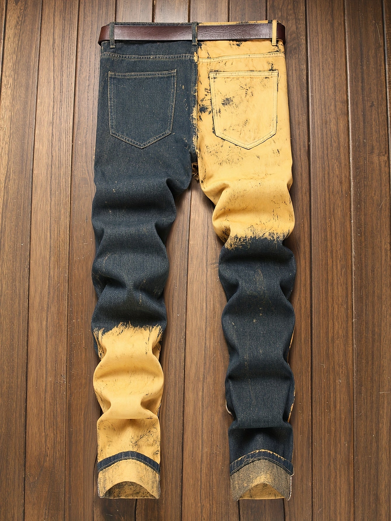 Fashion Trends Stacked Multi-post Fabric Tassels Holes Irregular Tie Flower Splashed Ink Jeans Casual Men's Trousers