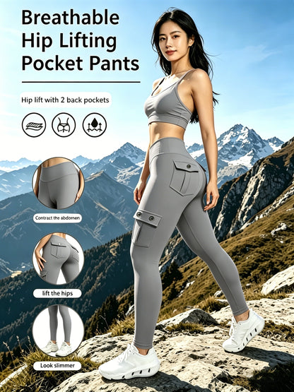 High-elastic Tight Nine-inch Pants, Hip-lifting Fitness Pants, High-waisted And Belt-cinching Yoga Pants With Pockets, Outdoor Running Sports Pants