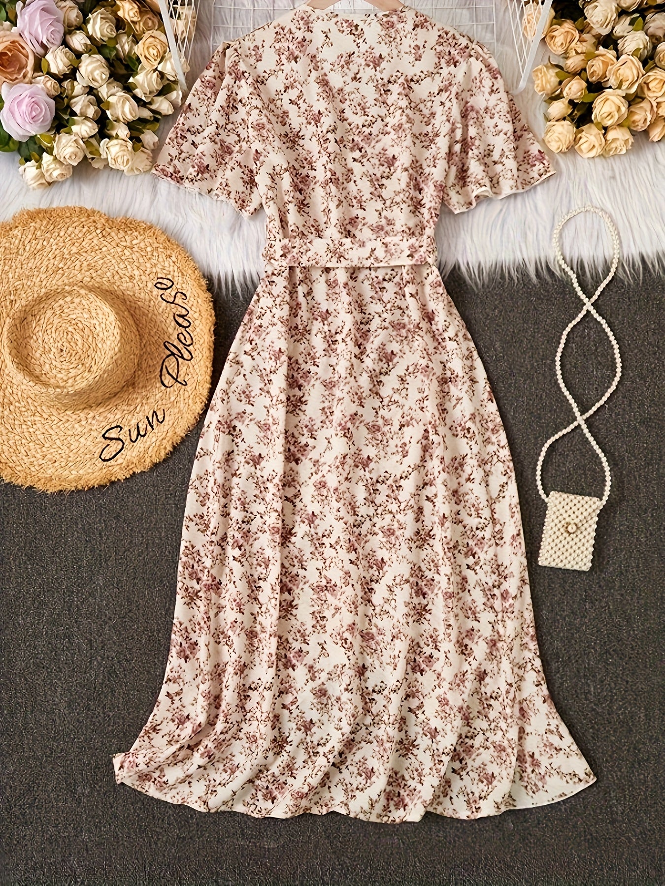 [Elegant Floral Dress] Floral Print Surplice Neck Dress, Elegant Short Sleeve Tie Waist Ruffle Hem Dress, Women's Clothing