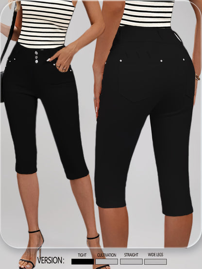 [High-Waisted Stretch Capri] Women's Deep Red High-Waisted Stretch Capri Pants Triple Row Button Fly with Metal Rivet Accents Booty Lifting Design 7/8 Length Cropped Jeans High Elasticity Soft Comfortable Machine Washable Versatile Wardrobe Essential for