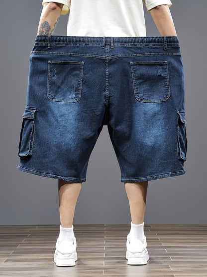 Mens Plus Size Denim Cargo Shorts, Big And Tall Elastic Waist Drawstring Jean Shorts For Men, Loose Fit Blue