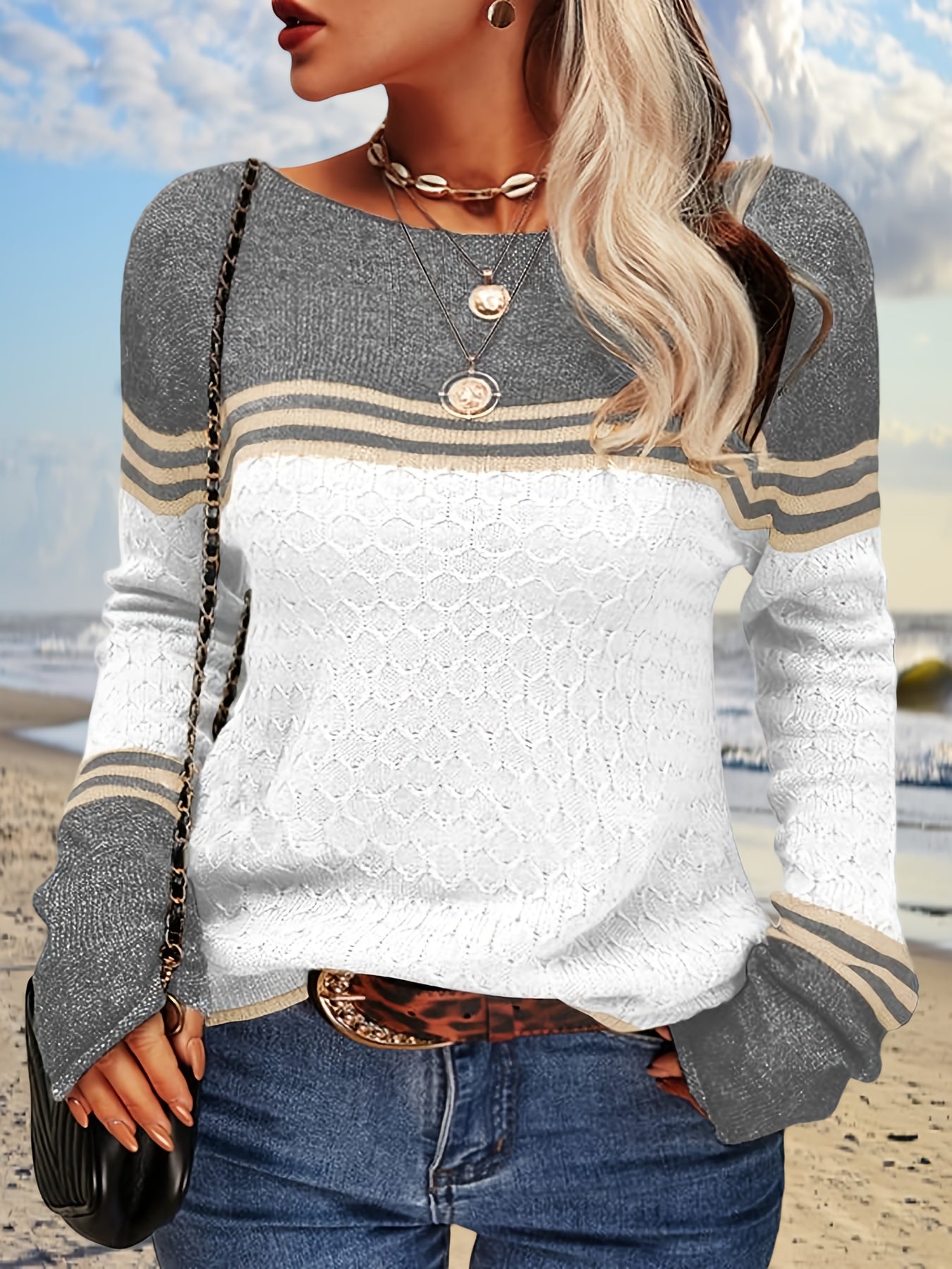 Women Autumn Winter Colorblock Pullover Sweaters Round Neck Striped Slim Fitting Knitwear Tops