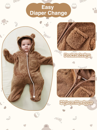 Newborn Baby Outfit Suit Bear Onesie Fold-Over Mittens Footies Girls Boys Winter Fleece Clothes Hooded Jumpsuit Romper