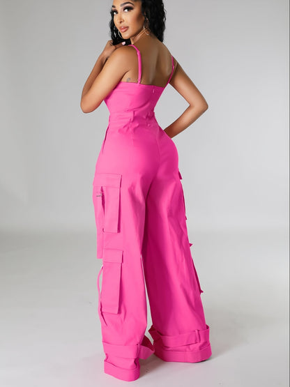 Teenager'S Jumpsuit - Teenager'S Long Wide-leg Utility Jumpsuit, High-waist With Multiple Pockets, Casual Summer Clothing, Street Fashion Camisole Backless Long Jumpsuit, for Outdoor, For Teenager