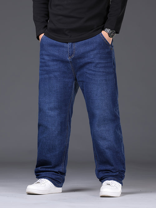 Men's Plus Size High-Stretch Wide-Leg Straight Leg Jeans - Loose Fit Business Casual Pants with Five-Pocket Design, Straight Leg Trousers Suitable for All Seasons, Machine Washable for Office, Casual Attire & -Casual Outfits, PLUS SIZE