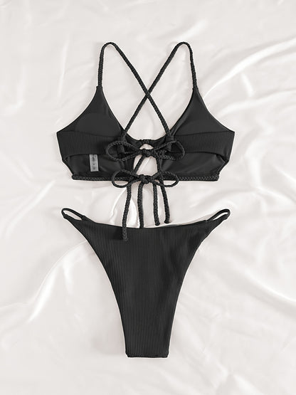Sexy 2pcs Solid Color Bikini Set - Women'S Swimwear & Clothing - High Cut, Spaghetti Straps, Comfortable, Summer Must-Have, Beach Essentials