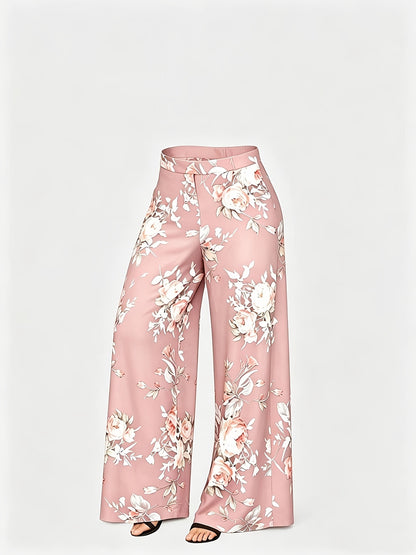 Plus Size - New Women'S Solid Color Top And Printed Pants Chiffon Fashion Style Set Top And Pants Two Piece Set