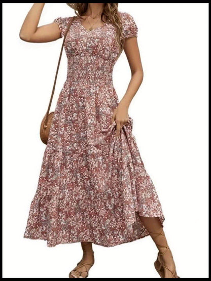 Floral V-Neck Dress for Women - Blossom Chic, Soft & Breathable Polyester, Machine Washable, Easy Care, Perfect for Spring, Summer, and Fall Occasions, Casual Attire, and Outdoor