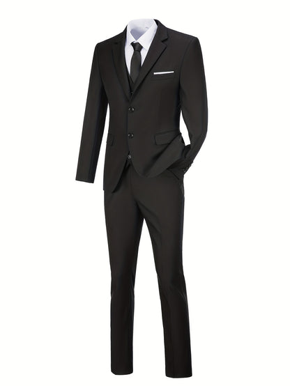 Men's Solid Color Complete 3pcs Suit Set Slim Fit Modern Tailored for Weddings Business Graduation Father's Day Gifting Express Delivery