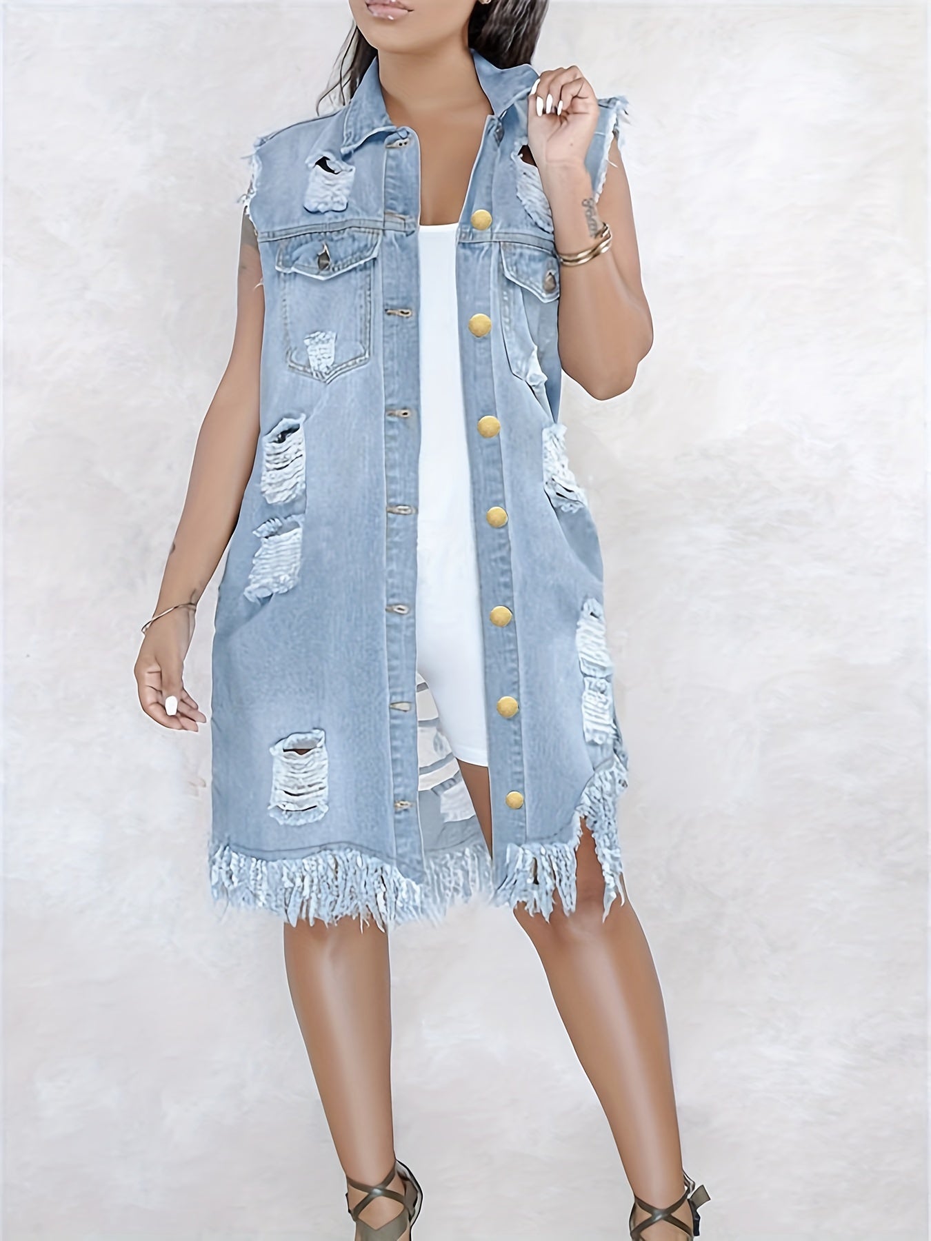 Sleeveless Ripped Back Raw Hem Long Vest Jackets, Butt Cover Button Closure Long Denim Coats, Women's Denim Jackets & Coats, Women's Clothing
