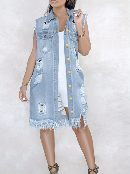 Sleeveless Ripped Back Raw Hem Long Vest Jackets, Butt Cover Button Closure Long Denim Coats, Women's Denim Jackets & Coats, Women's Clothing