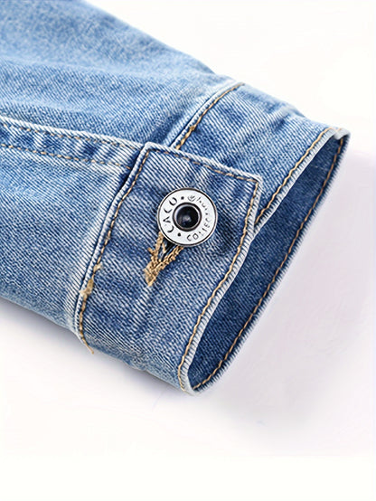 Women'S Vintage Wash Cropped Denim Jacket- Slim Fit Non-See-Through Buttons-Up Coat, Casual Everyday Denim Jacket for Spring/Fall Layering - Perfect for Jeans, Dresses & Skirts, Quality Button Details, Fall Fashion, Durable Fabric, Fall Clothing