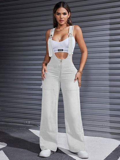 Women'S Clothing For Autumn And Summer, Women'S Summer Wear, Women'S Denim, Overalls, Adjustable Shoulder Straps, Loose Straight Legs, Wide-leg Denim Jumpsuits, Loose Jumpsuits