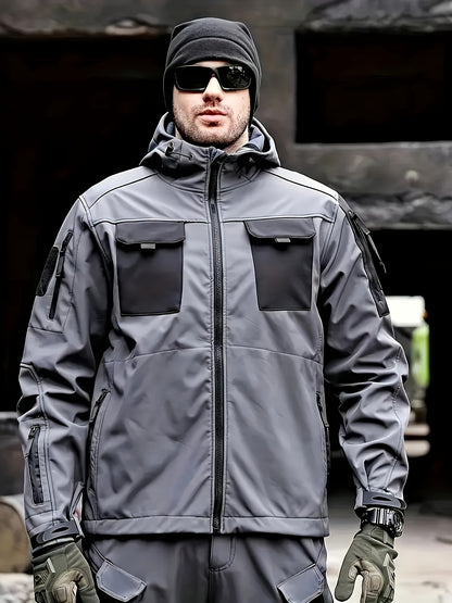 Men's Tactical Jacket Outdoor Zippered Shell Jacket, Windproof, Scratch Resistant, Warm Hooded Jacket, Suitable for Outdoor Activities, Ripstop Technology, Multiple Utility Pockets - Non-Stretch Outdoor Gear for Camping, Survival, Tactical Training.